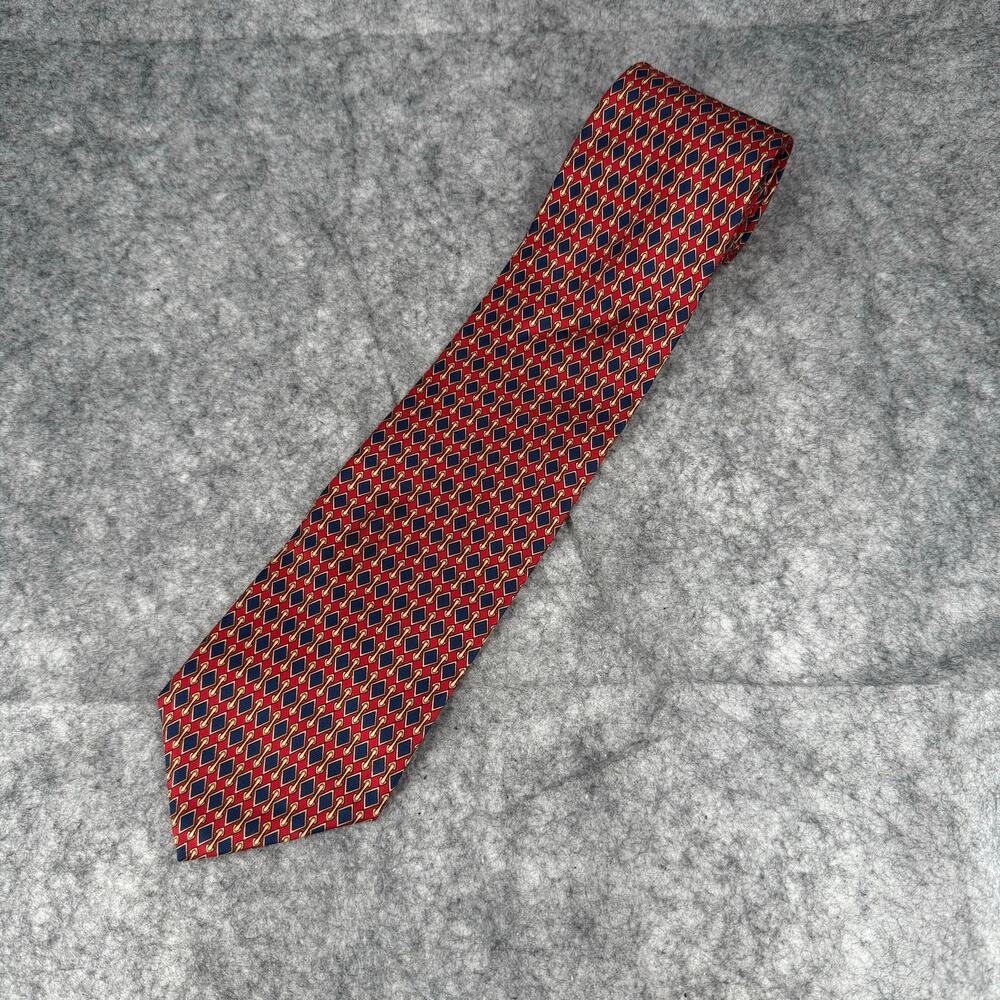 Brooks Brothers Silk Tie Red Navy Blue Gold Diamond Pattern 3.75 Wide 59 Long
